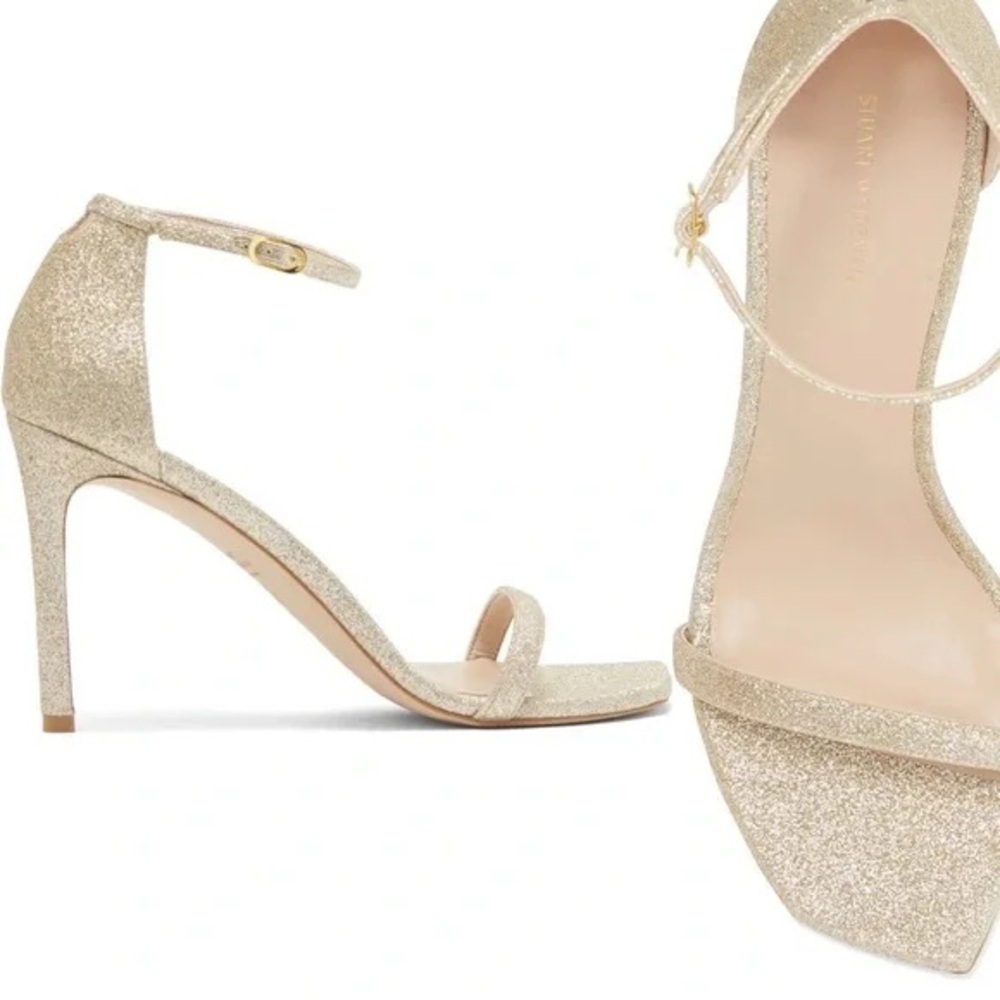 Stuart Weitzman Amelina Glitter Gold Ankle Strap Sandals Heels
